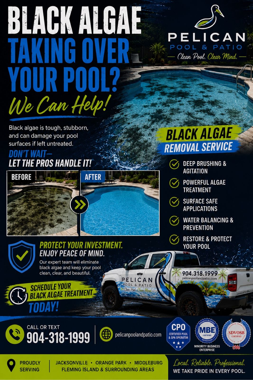 Pelican Pool and Patio black algae before-and-after service advertisement