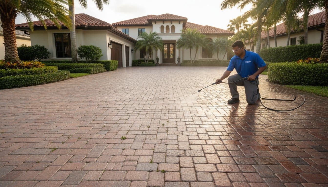 Poolside patio after professional paver cleaning and sealing