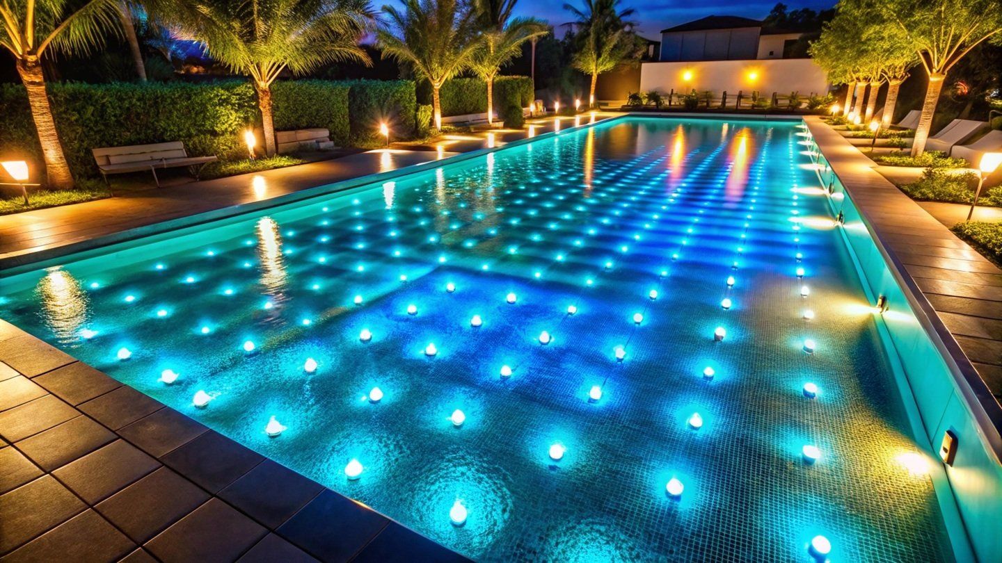 Example photo of a swimming pool glowing with underwater LED lights at night